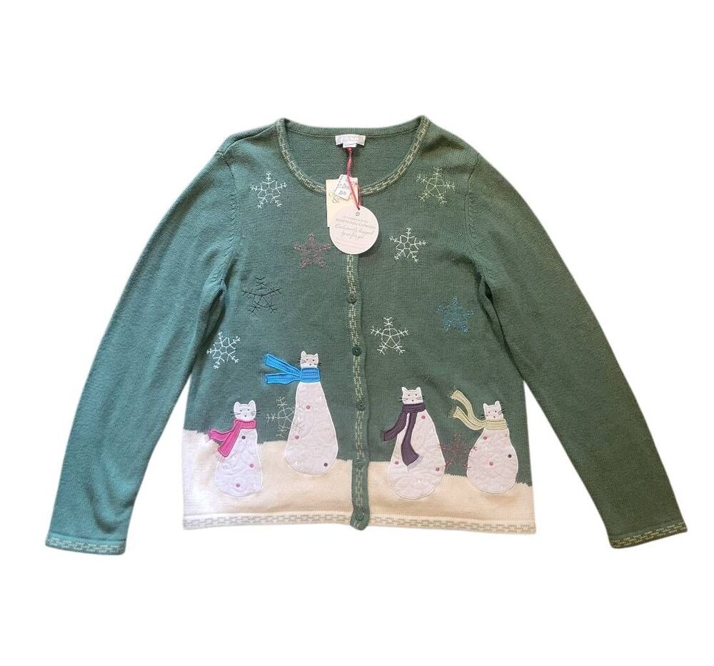NWT Y2K Christopher & Banks Cardigan Sweater Women's Large Green Cat Christmas